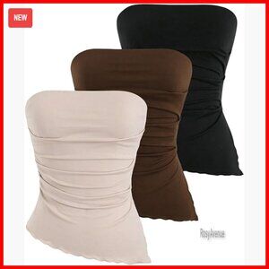 3 Pack Strapless Tube Tops Set Ruched Asymmetrical Cropped Summer